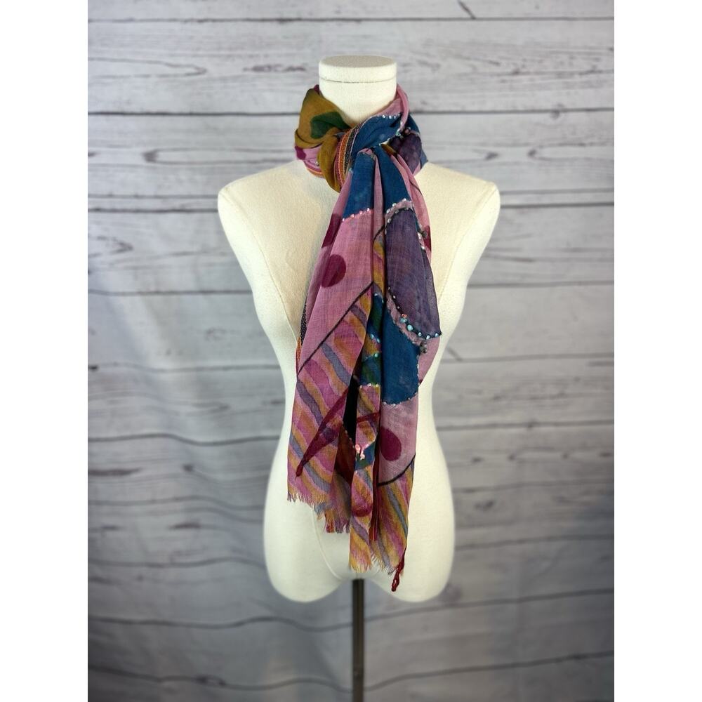 Boho Abstract Floral Scarf Pink Colorful Pattern Fringe Border Oversized Wrap